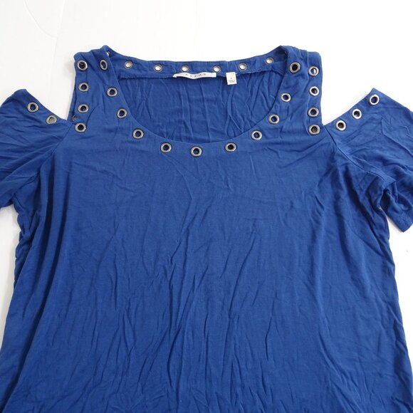 Cyrus Cold Shoulder Grommet Trim Knit Top Blue Women Size L Casual Work - Picture 2 of 8